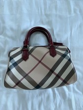 Burberry Nova Check Boston Bag Coated Canvas Crimson Patent Leather Auth