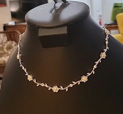 Floral Vine Leaf Crystal Choker Collar Silver Plated Formal Wedding 15'' Necklace