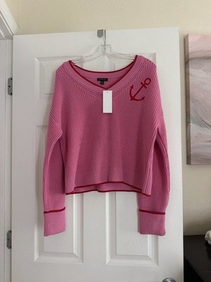 VENUS NWT Pink Anchor Icon V-Neck Ribbed Cropped Pullover Sweater