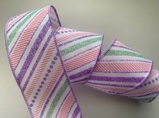 Easter Ribbon, Diagonal Glitter Stripes, 2 1/2 Inches Wide, Wired Edge, 3 YARDS