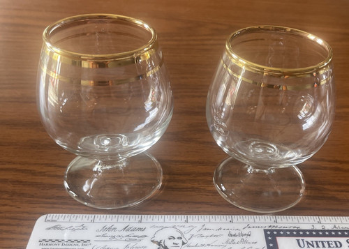 Vntg.Miniature Brandy Snifter Glasses Pair Double Gold Band Clear Glass Cordials