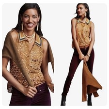  A3 Cabi Womens Mustard Yellow Pebble Print Sleeveless Button Down Blouse M
