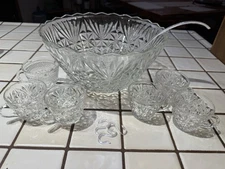 Vintage 1960s Clear Crystal Glass Punch Bowl Set Of 6 Cups With Holders, Ladle
