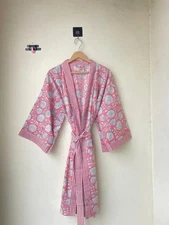 Indian Pink Floral Cotton Robe Short Kimono Sleepwear Night Suit Kimono Robe US