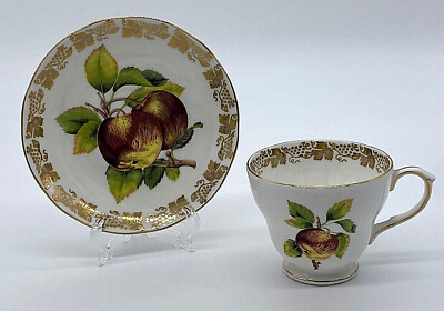 DUCHESS Tea Cup & Saucer Vintage Set w/ Apples & Gold Grape Leaf Trim
