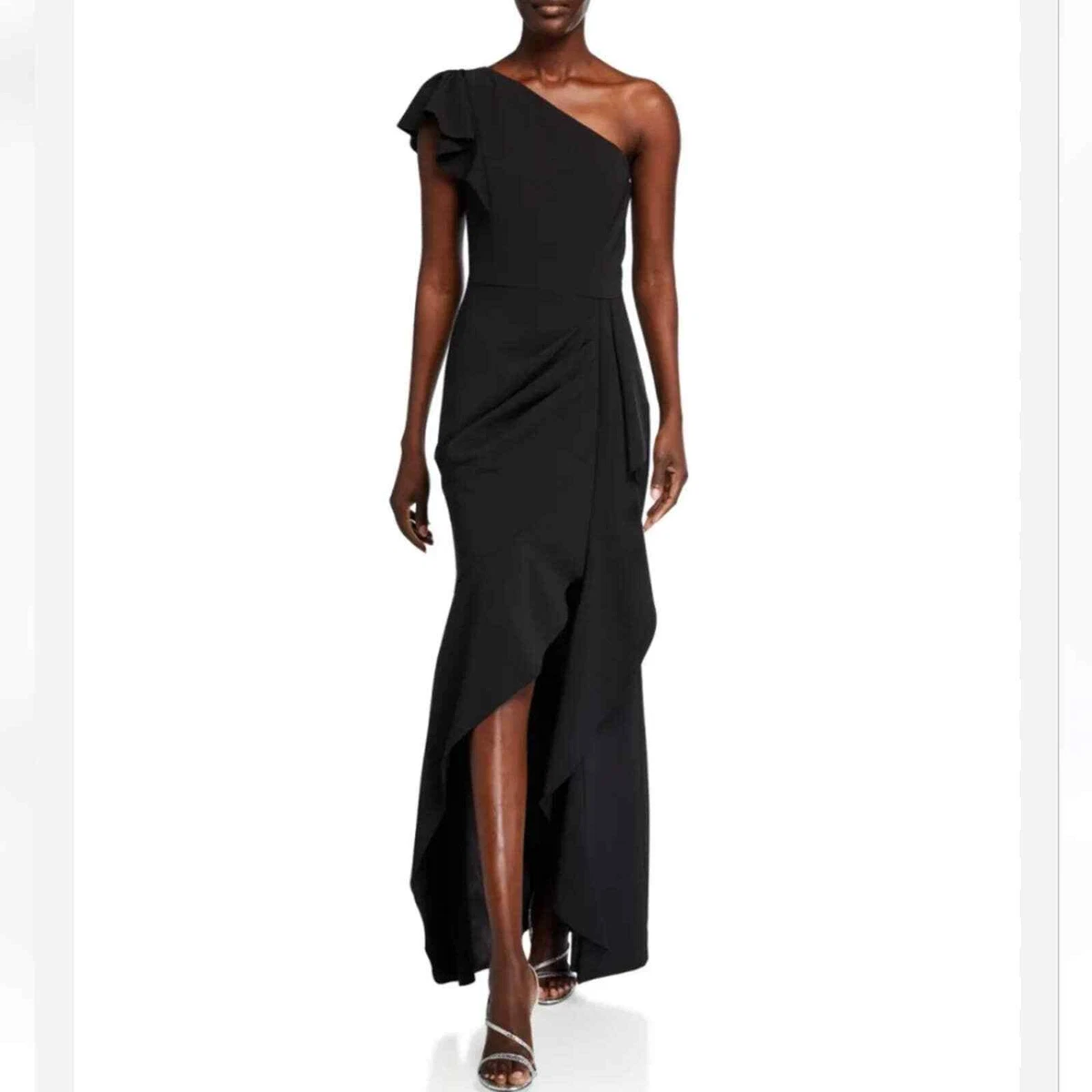 Parker Black Megan Asymmetric Crepe Ruffle Gown One Shoulder Cinched Waist Sz 4