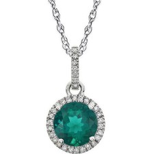 Diamond  Emerald Birthstone Necklace In 14K White Gold 1/10 ct. tw. 