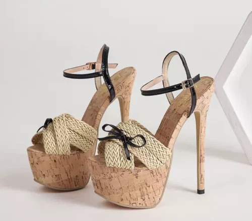 Mujer Verano Peep Toe Moño Tejido Sandalias Playa Moda Vestido Zapatos Tacón Alto - Imagen 9 de 12