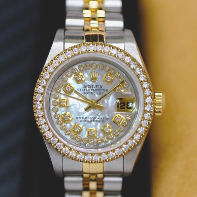 Rolex Datejust 69173 26mm White MOP Diamond Dial 18KY Gold Steel