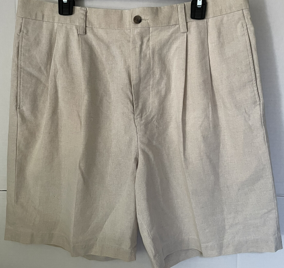IZOD mens pleated linen blended chino shorts cream si… Gem