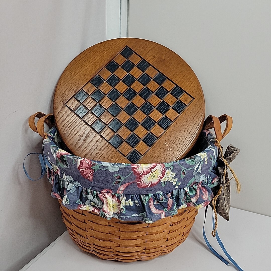 Longaberger Game Basket With Checkerboard Lid Checkers Blue Pink Liner