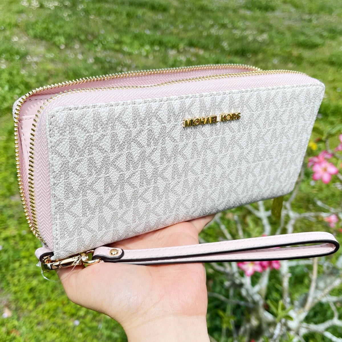 Michael Kors Jet Set Large Continental Wallet Wristlet MK Vanilla Pink Blush