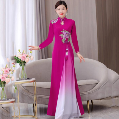 Ladies Retro Cheongsam Dress Gradient Color Embroidered Fringe