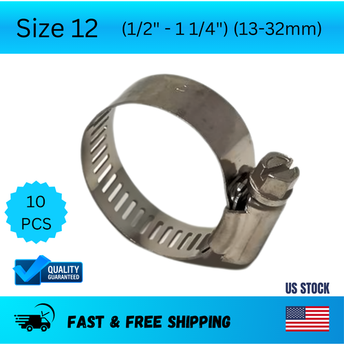 Hose Clamp, Stainless Steel, Worm-Drive, SAE Size 12 (13-32mm) , Pack Of 10