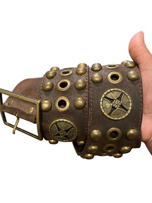 Wide Studded Leather Belt Brown Brass M 36” Vintage Western  display picture 2