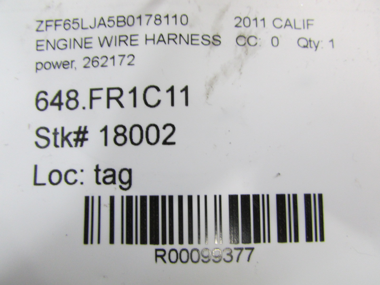 Ferrari California, Power Engine Wire Harness, Used, P/N 262172