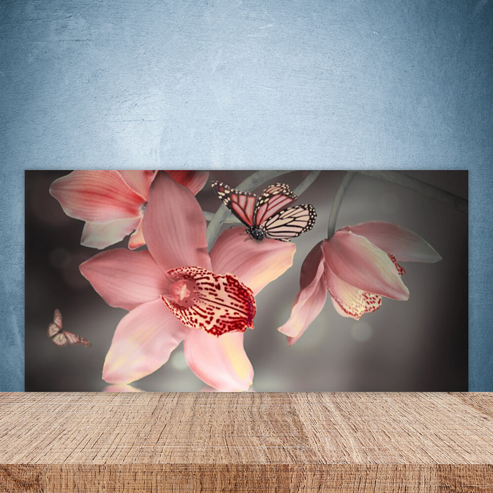 Fond de hotte en verre fleurs et papillon pour cuisine lumineuse