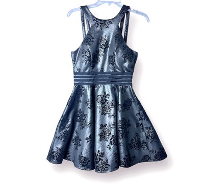 CITY STUDIO Silver Black Roses Dress Peek-a-boo Waist Cocktail Size 9 Whimsigoth