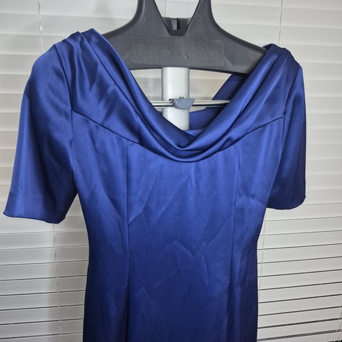 Womens 2 St John Blue Cocktail Dress Blue Cowl Zipper Short Sleeve Drape Satin - Picture 3 of 8