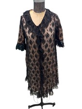 Vintage Black Floral Lace Robe Negligee Med
