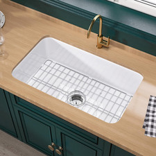 32" White Undermount Fireclay Kitchen Sink - Deep Single Bowl with Accessories