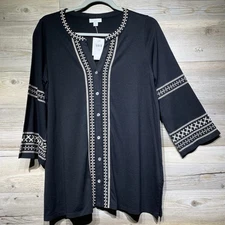 J Jill Embroidered Button Front Jersey Tunic Top Blouse Black 3/4 Sleeve Size XS