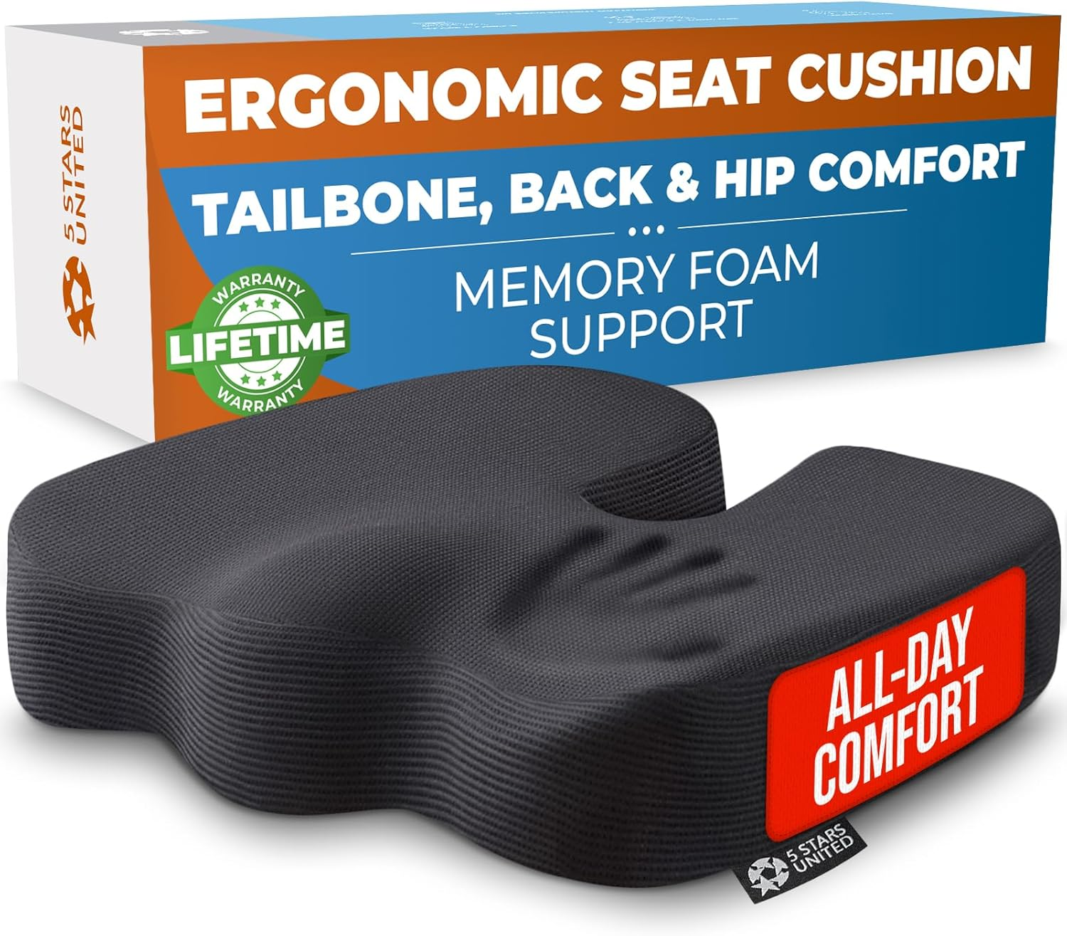 5 STARS UNITED Ergonomic Seat Cushion – Memory Foam Comfort for Tailbone, Hip &