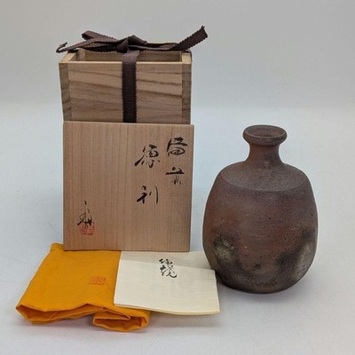 Satoshi Takahara Bizen Ware Sake Bottle Tokkuri Flower Vase w/Box & Cloth 
