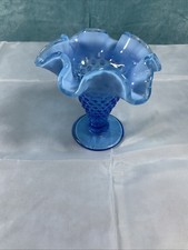Fenton Periwinkle Blue Opalescent Hobnail Trumpet Vase 4  Vintage