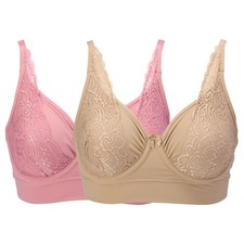 Rhonda Shear 2 Pack Butterknit No Wire Underwire with Lace Bra Beige/Dusty Rose
