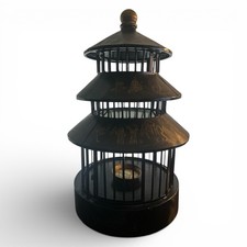 Chinese Chinoiserie Tole Pagoda Bird Cage Candle Holder Black Gold Vintage