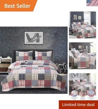 King Size Red, Blue White Plaid Quilt Set - Soft Microfiber All-Season Comfort