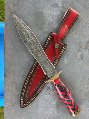 15  Red Wooden Handle Dagger Sheath Carbon Steel Double Edge Damascus Blade