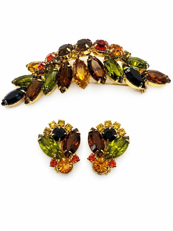 VTG Juliana Style Fall Rhinestone Brooch Earrings Set Amber Green Topaz Navette
