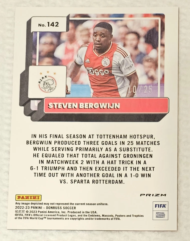 Steven Bergwijn 2022-23 Panini Donruss Optic Pink Ice Prizm/25 #142 AFC Ajax Foto 3 de 3