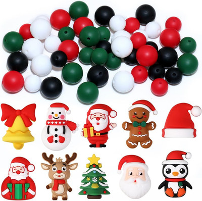 58pcs 3D Cute Christmas Silicone Focal Beads,DIY Christmas Loose Beads for Keych