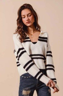 Trendsi Fuzzy Stripe Sweater Women's Deep U Neck Top Cozy Chic