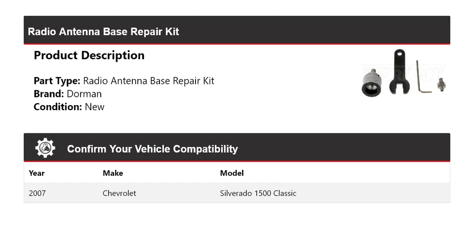 Kit de reparación base antena radio dorman clásico Chevrolet Silverado 1500 2007 Foto 2 de 4