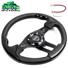 13" Racing Flat Drift Sport Leather Steering Wheel Black + Horn Universal 6 Bolt
