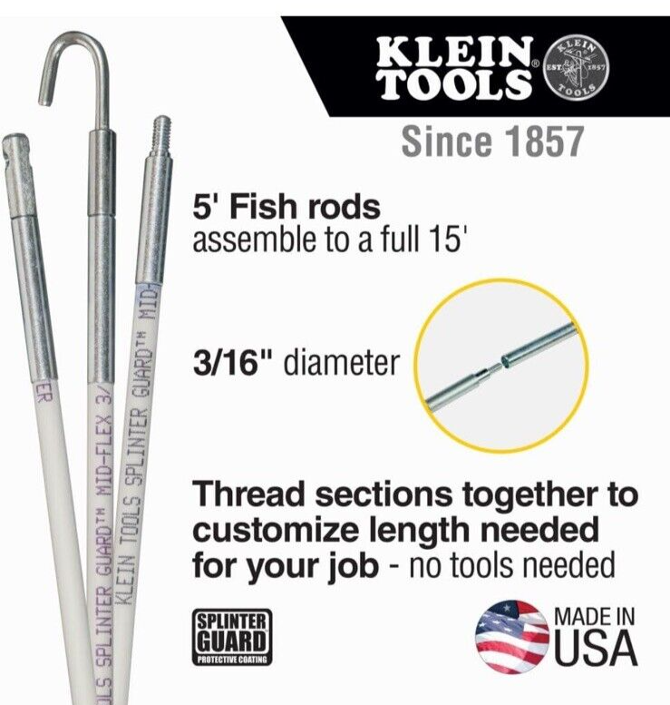 Klein Tools Fish Sticks Glow Rod Set, Mid-Flex, 15 Feet, Fish Stix