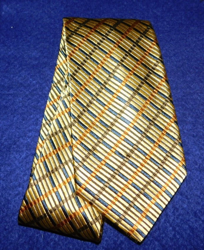 CORBATA A RAYAS CRUZADAS ALTEA MILANO HECHA EN ITALIA ORO/AZUL/MARRÓN - CORBATAS DE DISEÑO. Foto 2 de 3