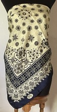 Vintage Designer Asude Cream  Navy Blue 38" Square Scarf Made in Turkey