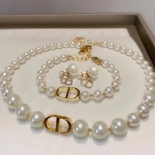 Pendant CD Necklace Earring Bracelet Faux Pearl Set Gold Woman Earings Chain