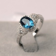 London Blue Topaz Three Stone Ring Natural Gemstone Sterling Silver Women Ring