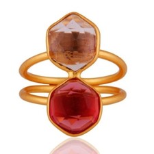 Amethyst Pink Corundum Gemstone 18K Gold Plated Silver Ring Women's Jewelry