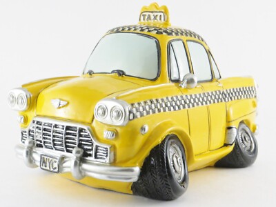 NYC Yellow Taxi Cab Bank Art Deco Caricature Polyresin w/stopper  8''Wx6''Lx5.25''H