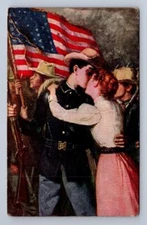 SOLDIER ROMANCE KISS FLAG GUN MILITARY PATRIOTIC POSTCARD (c. 1908)