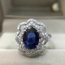 Royal Blue 2.50CT Oval Sapphire With Shiny Round CZ Beautiful Engagement Ring