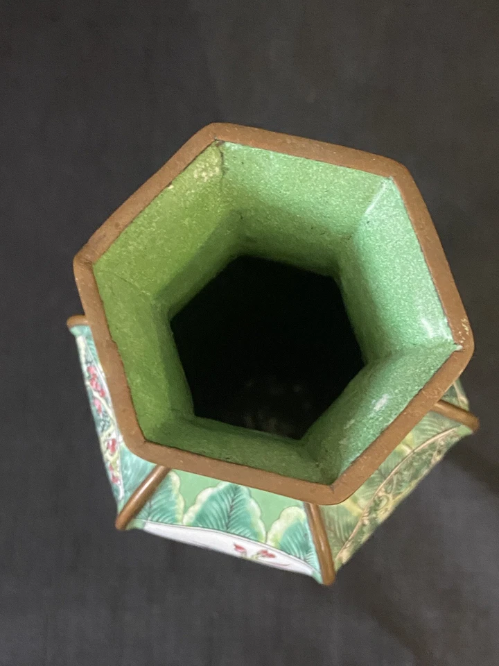 Jarrón vintage esmalte cantón chino pintado a mano hexagonal 6 paneles Foto 4 de 4