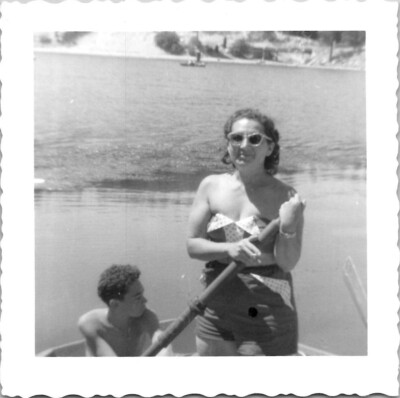 Hot Chubby BBW Woman Rowing Boat with Boyfriend Americana 1950s Vintage Photo